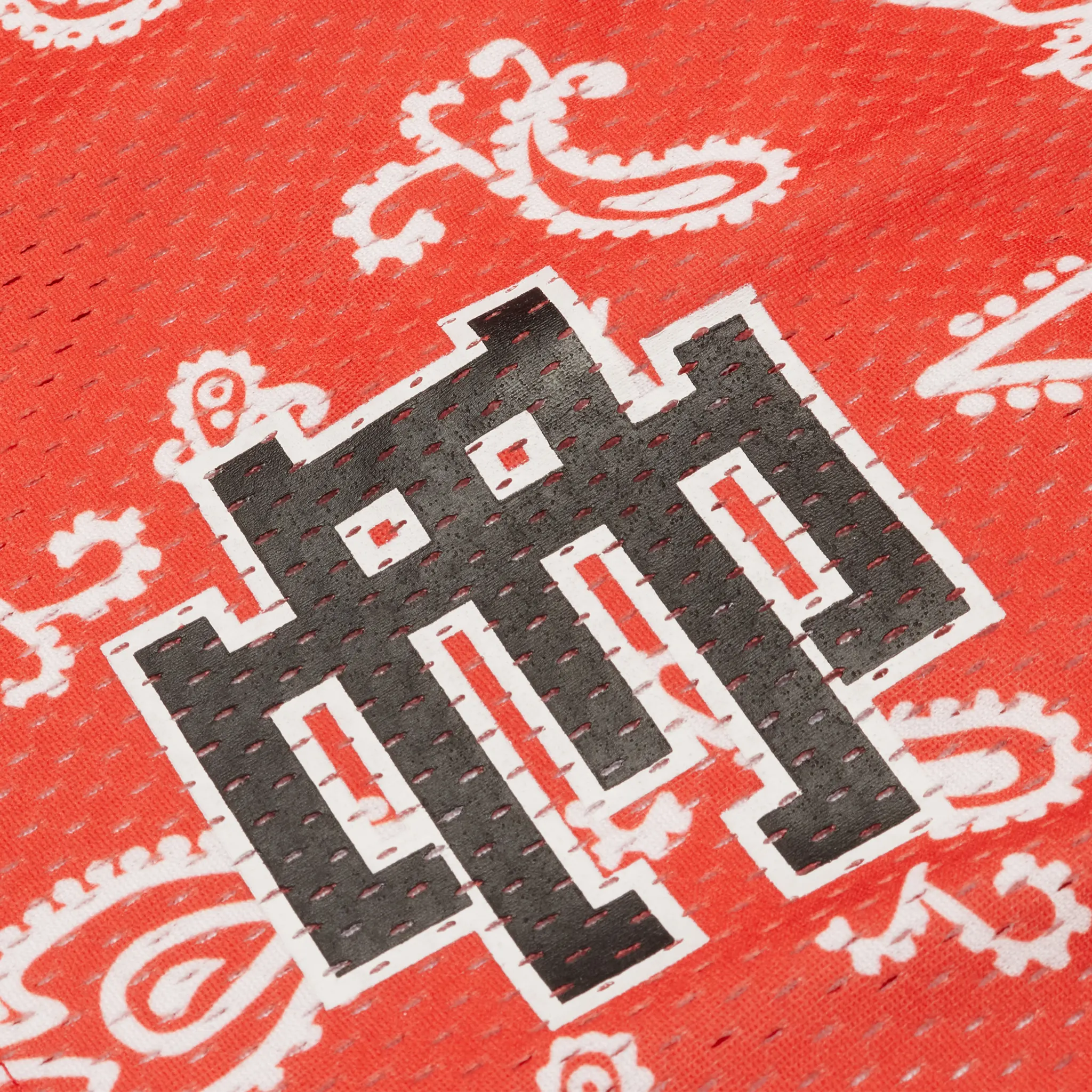 Detailed Logo View of Eric Emanuel EE Basic Red Paisley Shorts
